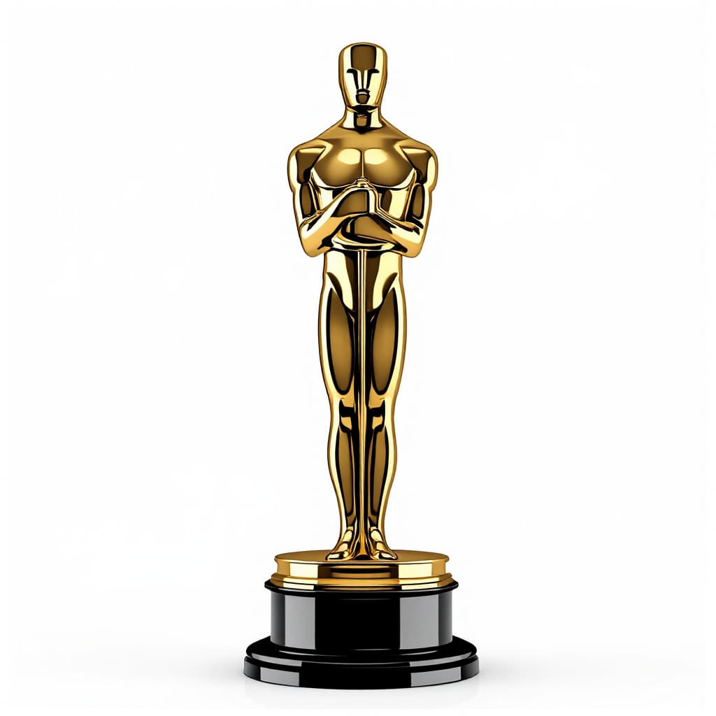 AI generated: An oscar award statue in gold on a white background 

