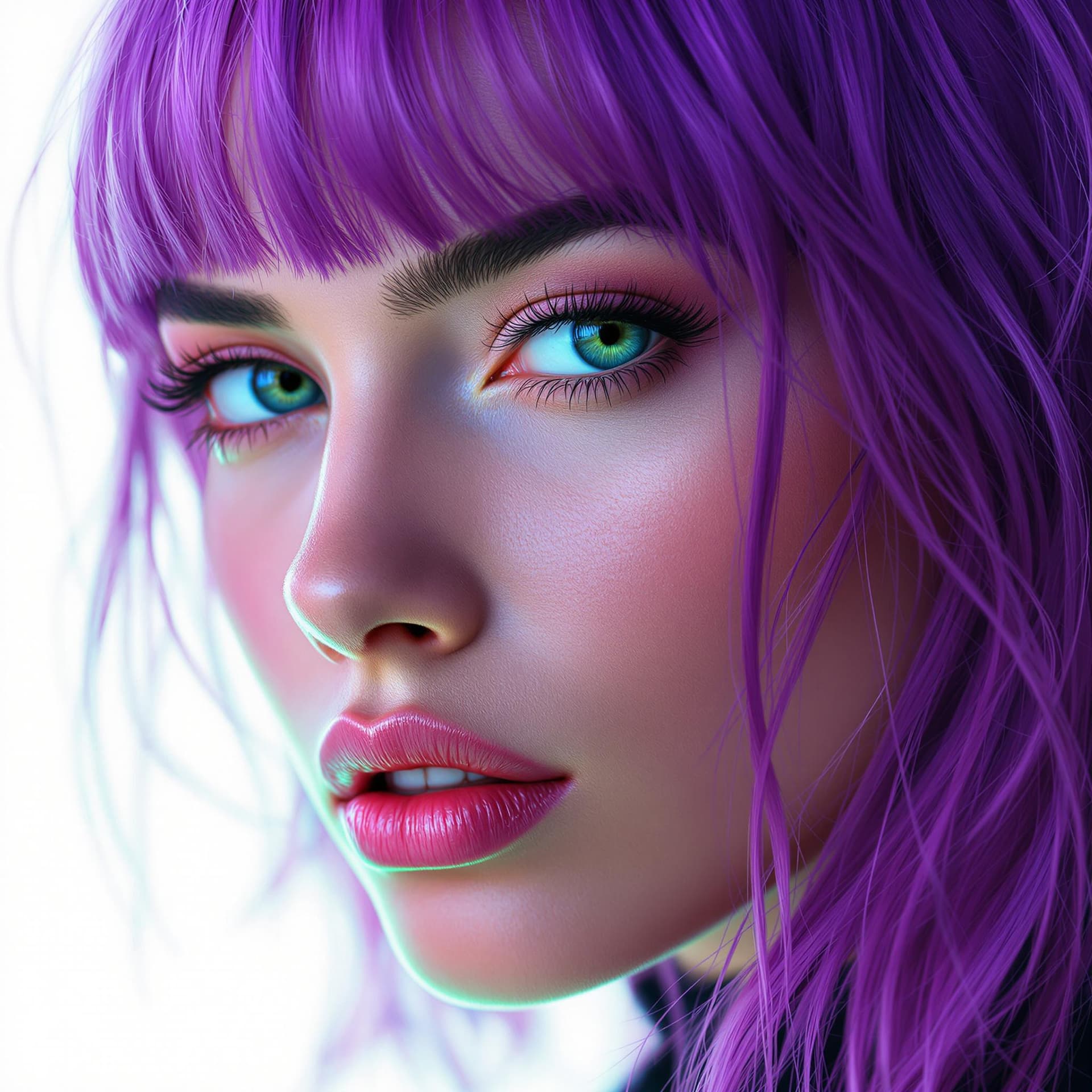 AI generated: A close-up portrait of a woman with vibrant purple hair, captured in ultra-realistic 8K resolution u...