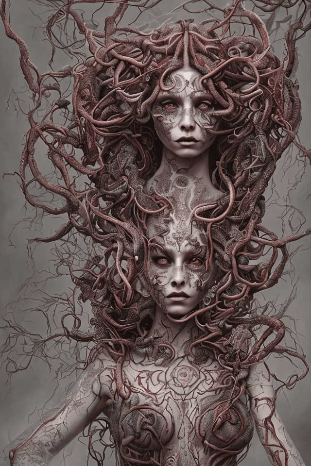 AI generated: An intricately decorated Gothic Gargon Medusa representing a fusion of Cybergothic, Midwestern Gothi...
