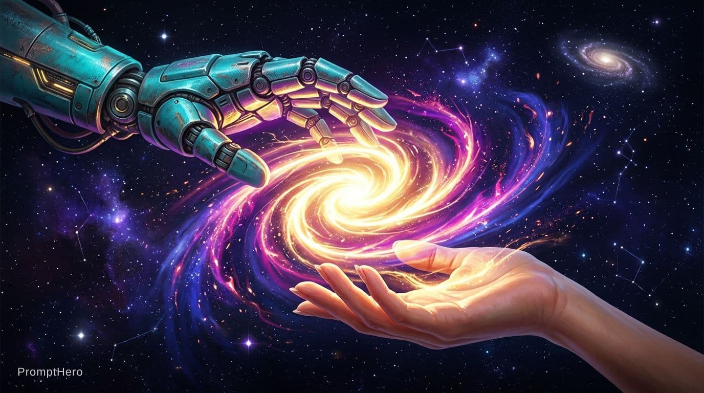 AI generated: 2 Hands. Hand 1: Robot hand, colour turquois metal, relaxed open palm downward. Hand 2: Human, femal...