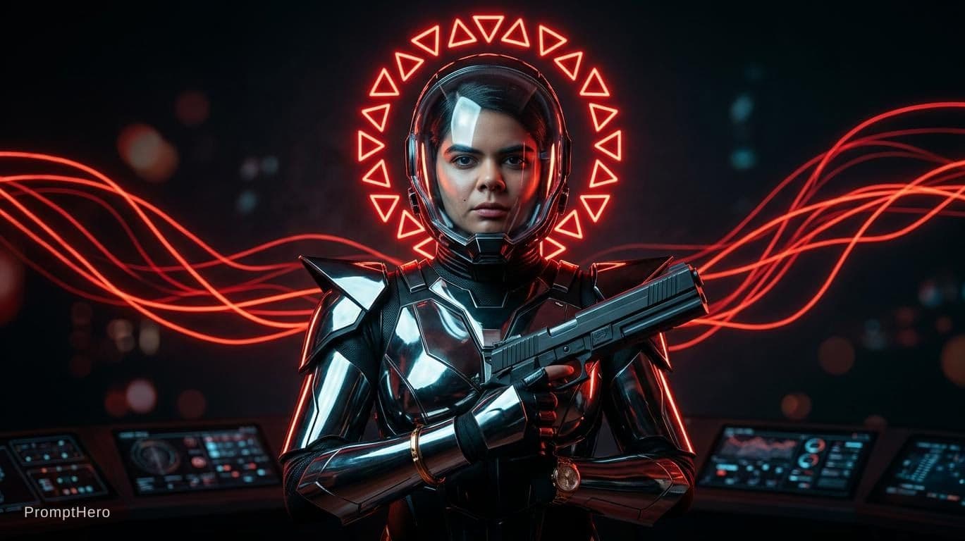 AI generated:  futuristic cyborg boy featuring a captivating reflective cybernetic helmet adorned with glowing tri...