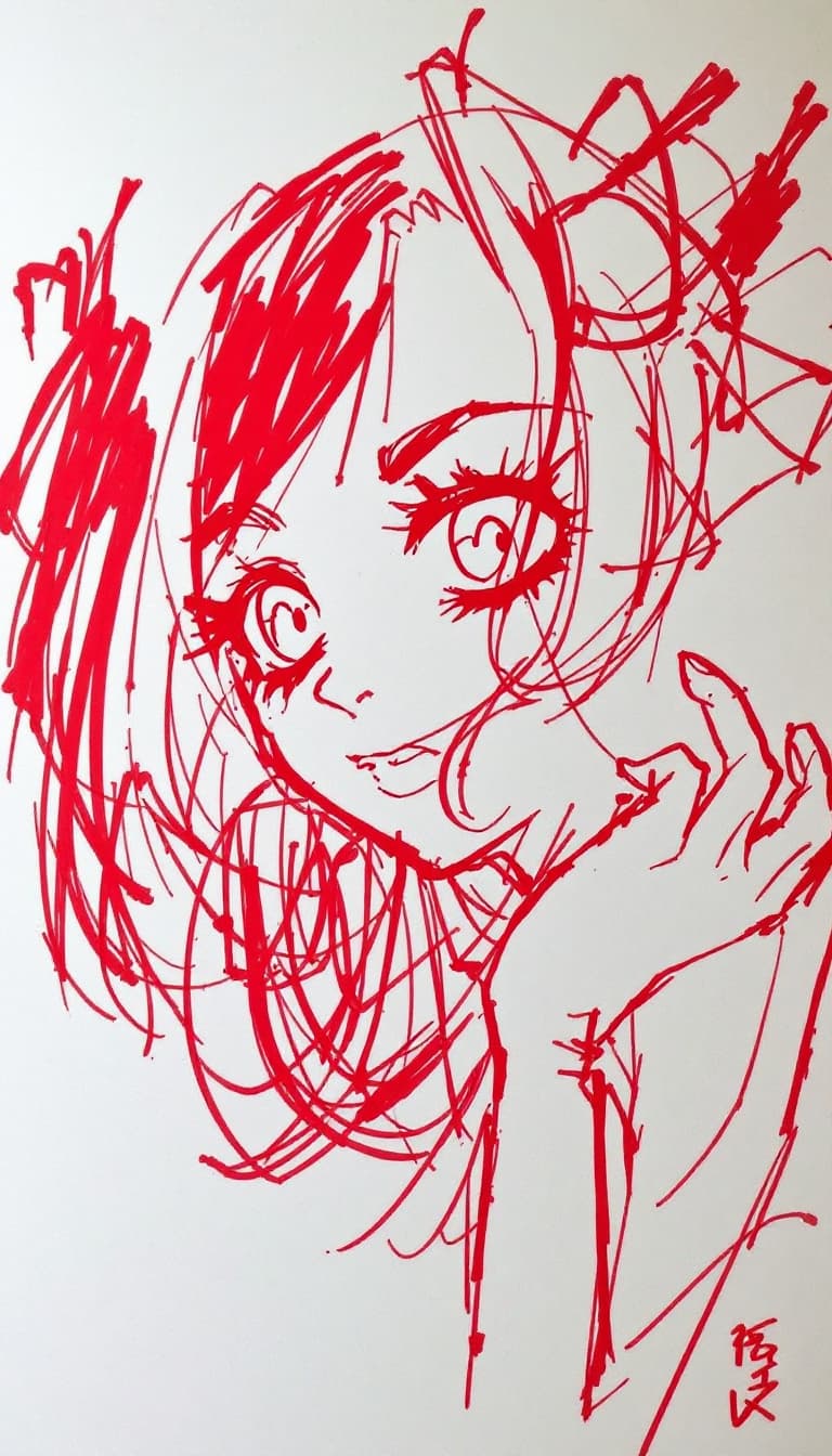 AI generated: girl, red pen drawing, sketch, anime, expressive