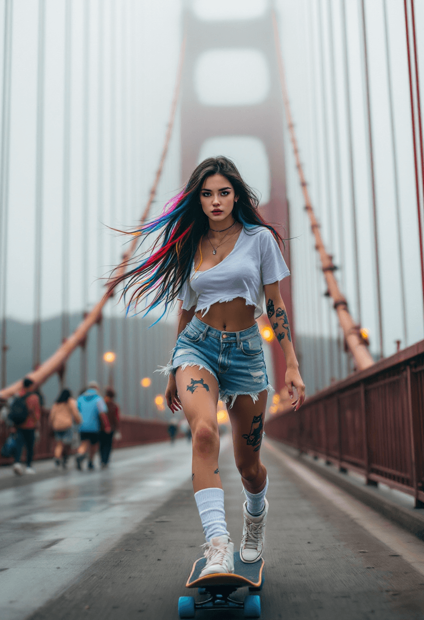AI generated: (8K) masterpiece image of a beautiful brunette Japanese girl riding a skateboard down the Golden gat...