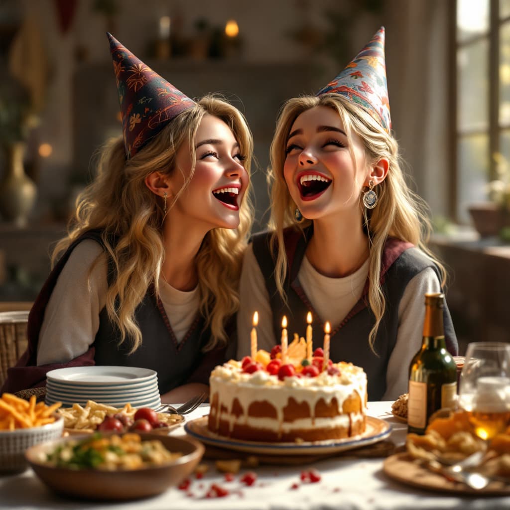 AI generated: cartoon two blond woman celebrating birthday over a big table with a lot of food, a feast and cake. ...