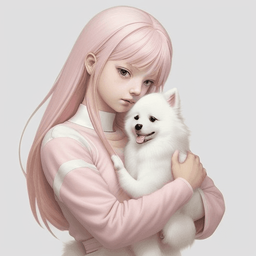 AI generated: a girl, with pink hair, holds her of a white pomeranian dog in her arms, in the style of rough-edged...