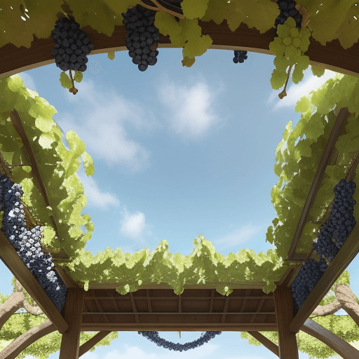 AI generated: view looking up from under an arbor on a slightly cloudy day with cerulean sky. grapevines and clust...