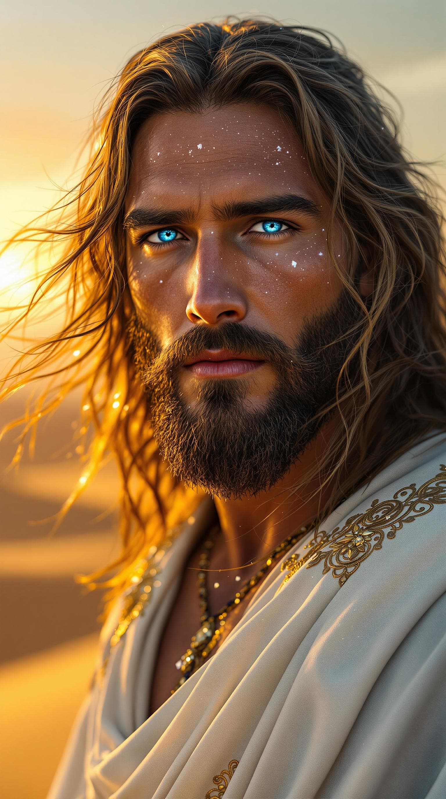 AI generated: A hyper-realistic close-up portrait of Jesus Christ standing in the desert. His long, flowing brown ...