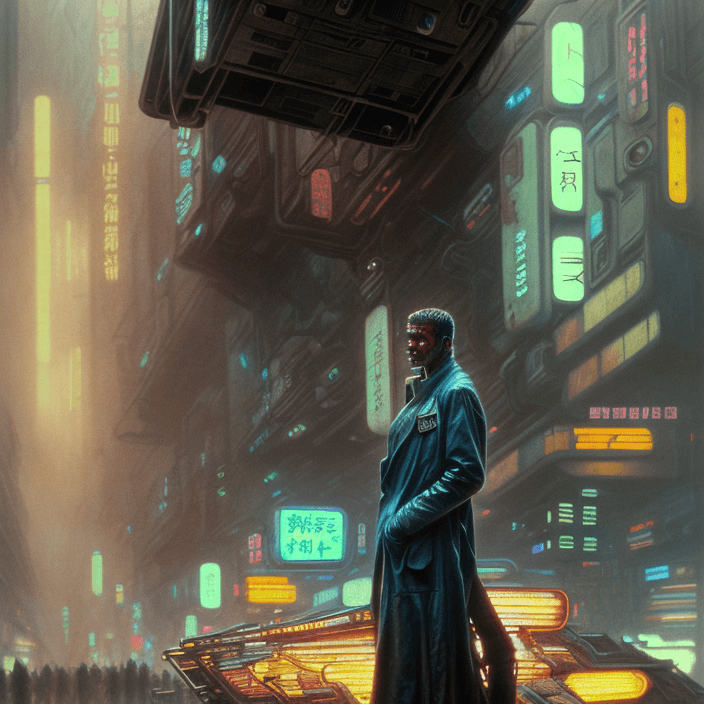 AI generated: excellent painted portrait of a replicant street vendor from blade runner (1982), cyberpunk blade ru...