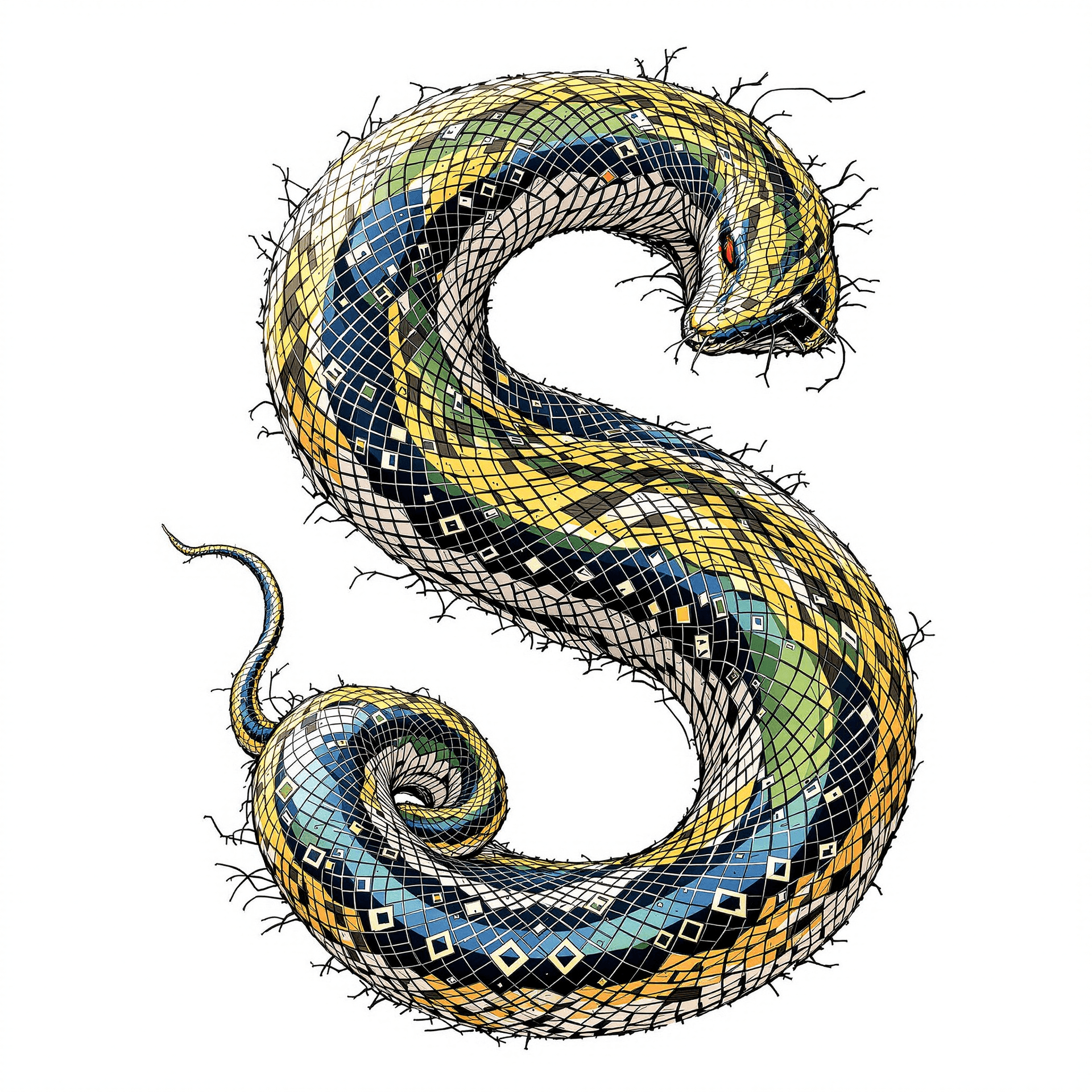 AI generated: Snake in a S letter Shape on a white background 
