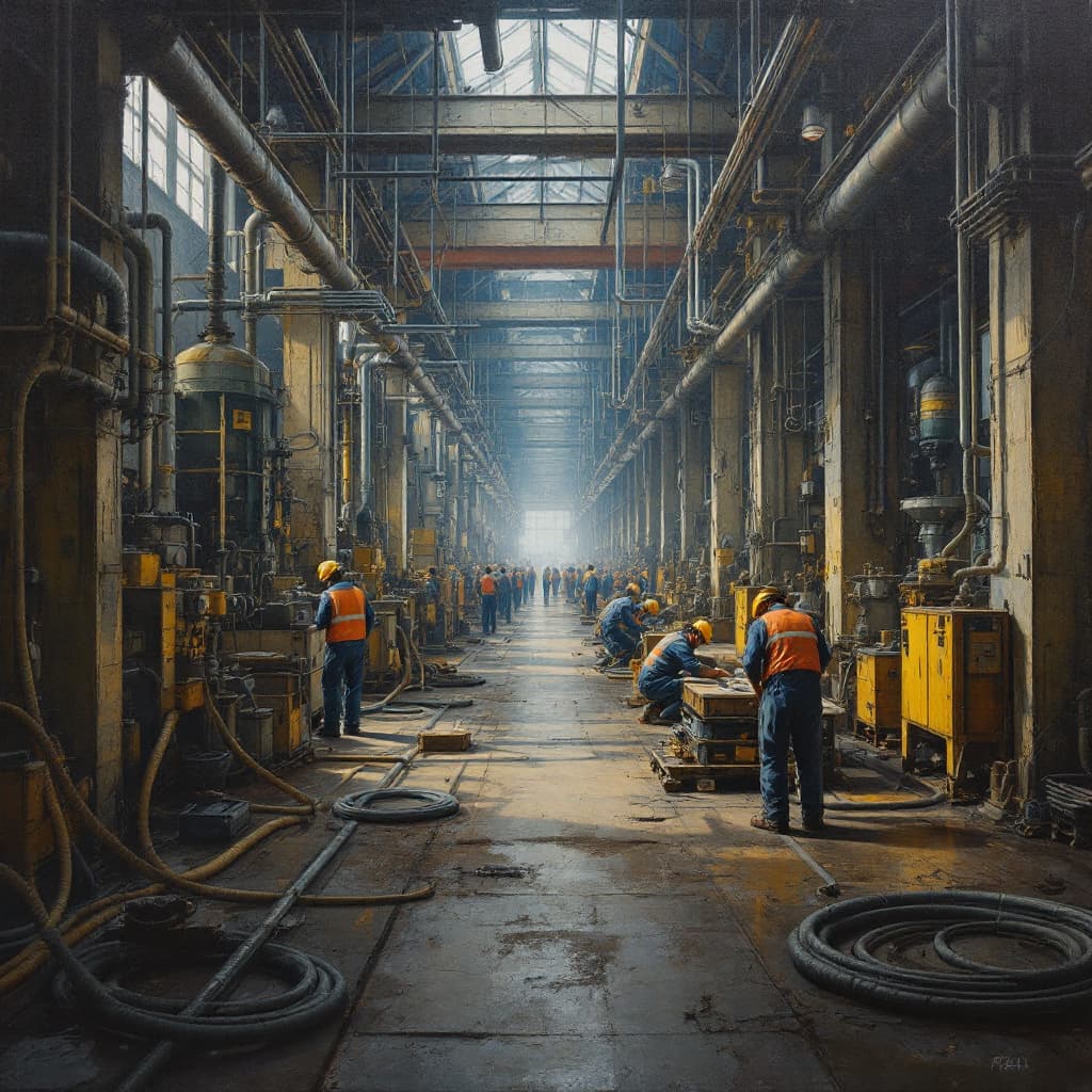 AI generated: detailed oil painting of the inside of an industrial REAL , with many hose's and machinery  men's wo...