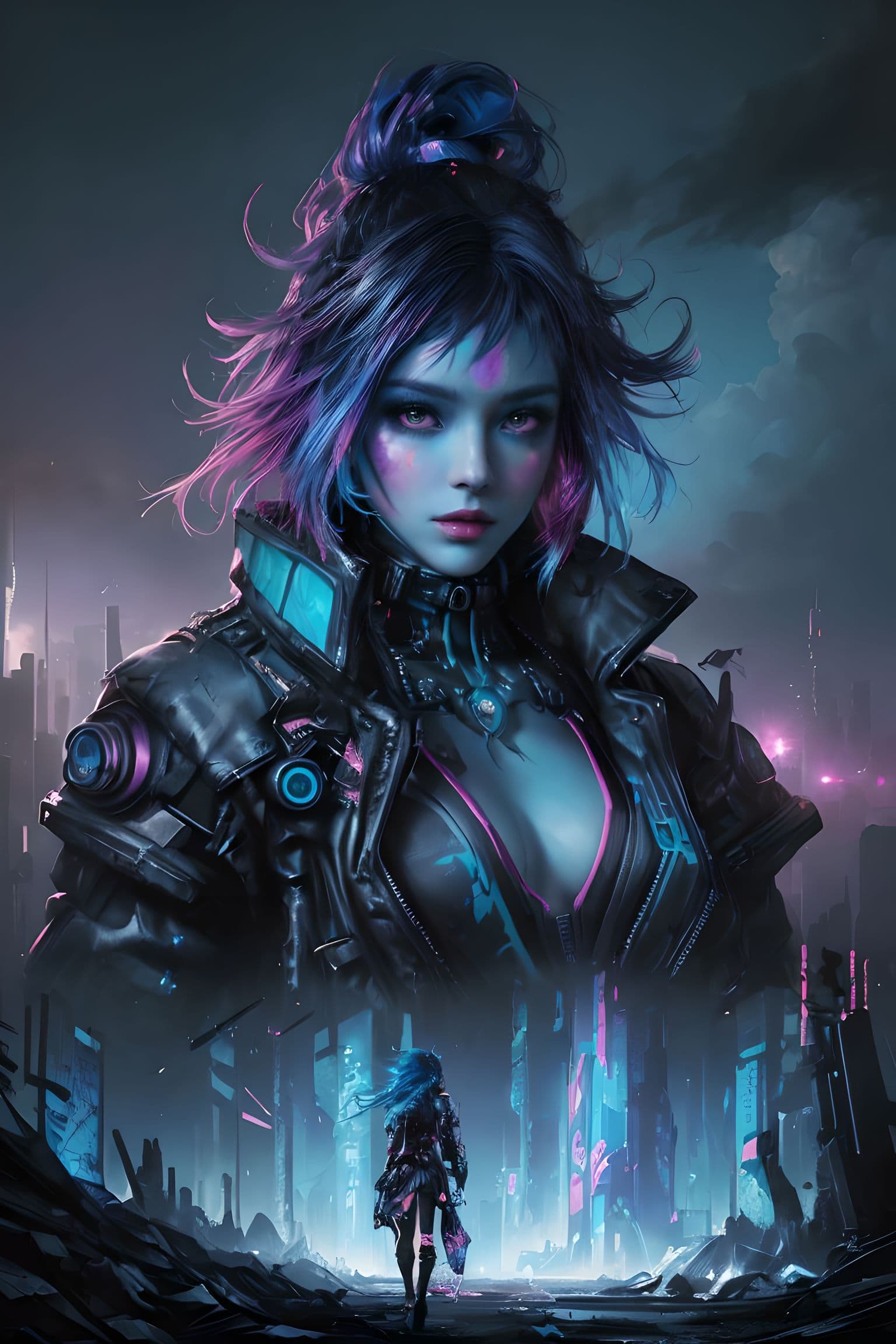 AI generated: ((A bright vivid chaotic cyberpunk female, Fantastic and mysterious, full makeup,blue sky hair, (nat...