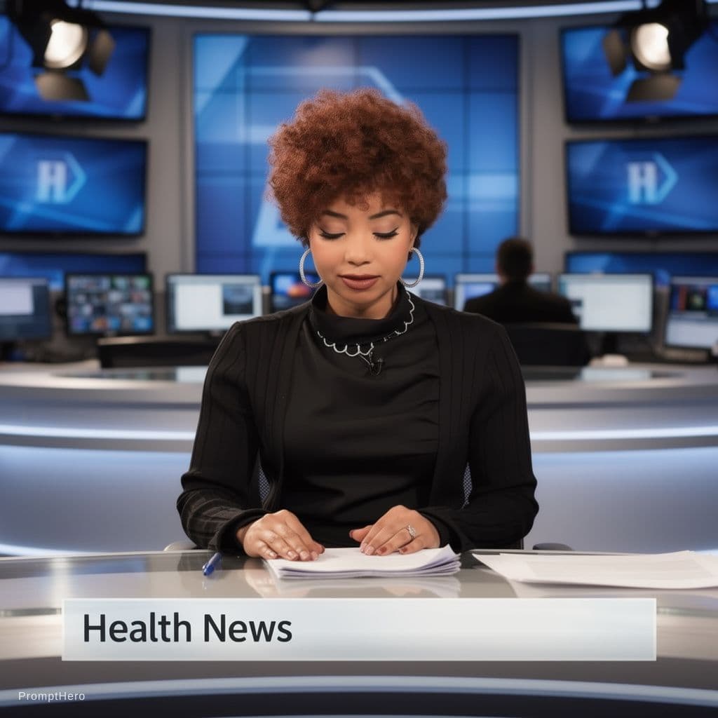 AI generated: The same exact model sits behind a new desk  in a news room. Her face is directed at the camera as s...