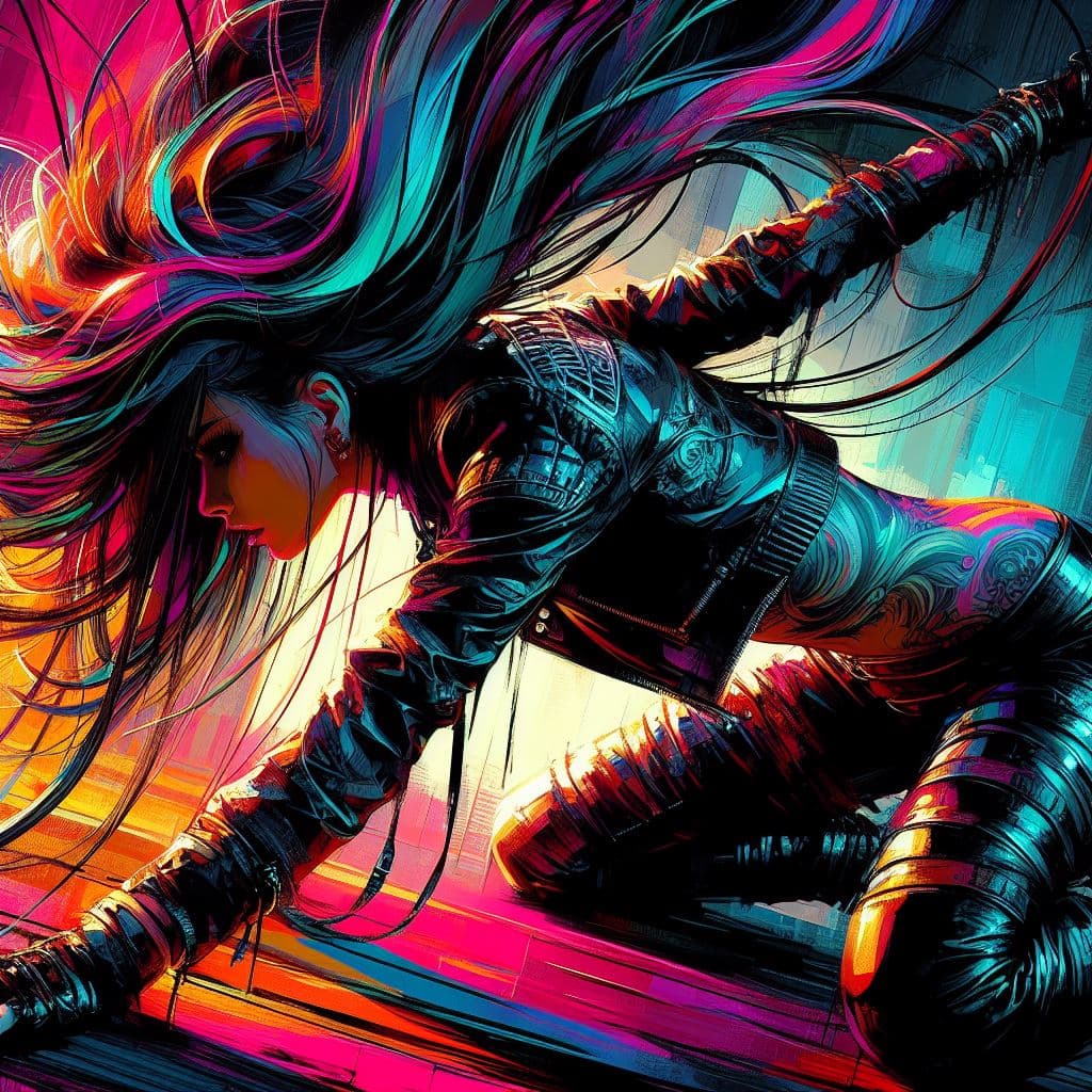 AI generated: aesthetic, painterly style, modern ink, gothic girl bended, very tight leather clothes, very colorfu...