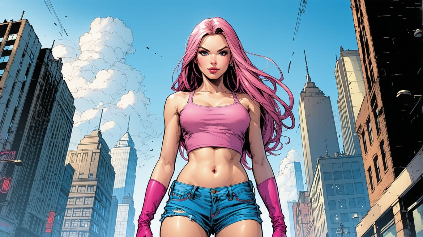 AI generated: Realistic comic book illustration of young beauty European girl with pink long hair  standing in the...