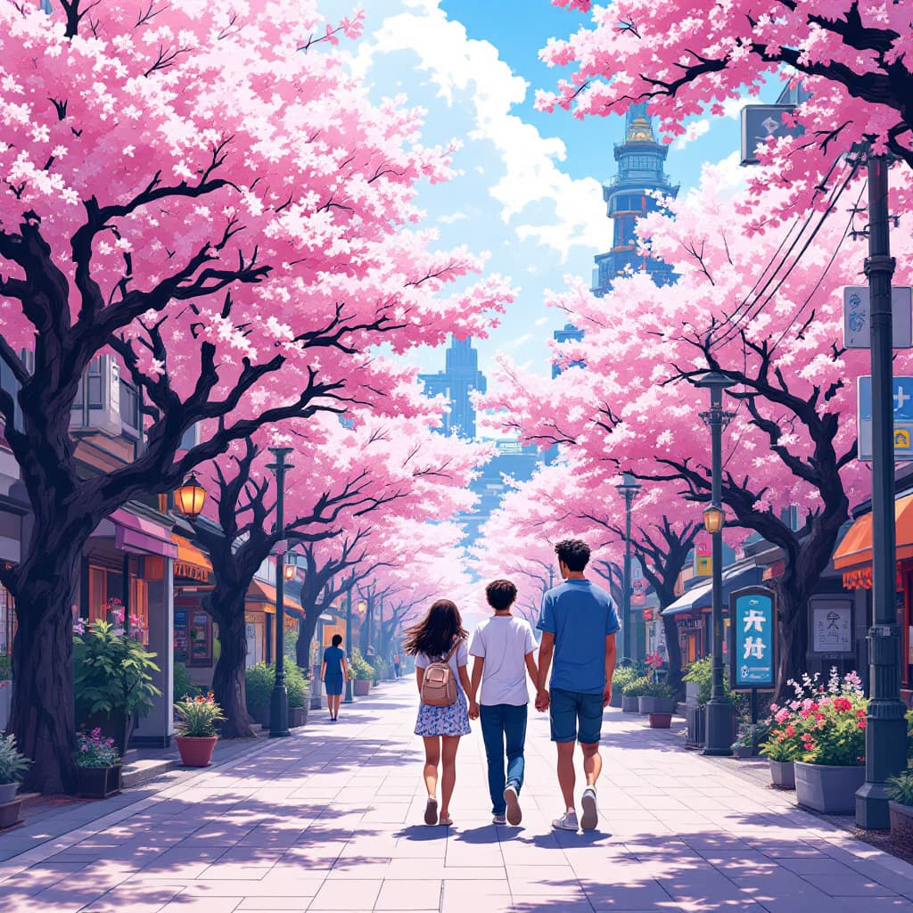 AI generated: Summer trip in the Tokyo , African sakura lover , sweetheart couple, t-shirt design,banlance harmony...