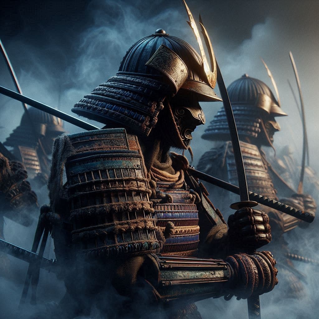 AI generated: 12th century samurai in the style of Yoji Shinkawa, Volumetric light, hyperrealism, volumetric fog, ...
