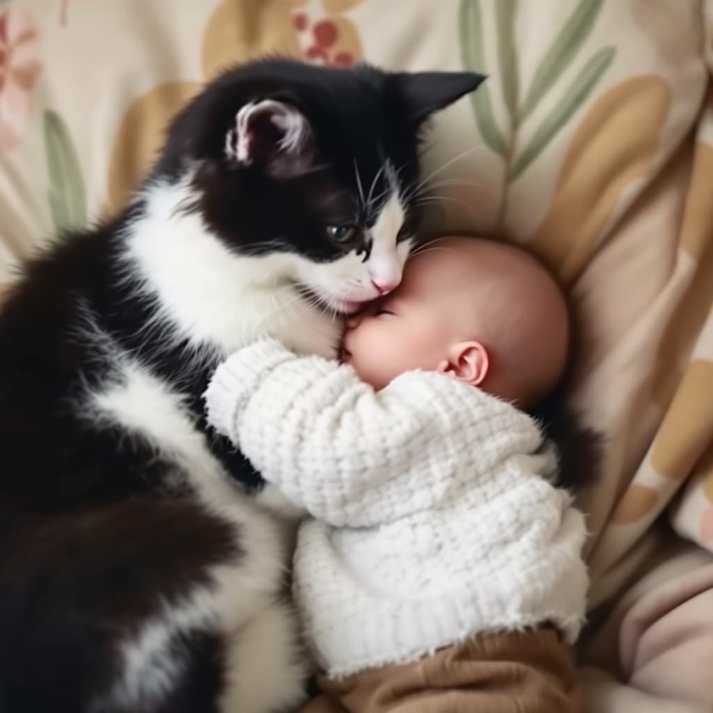 AI generated: Black and White kitty playing,Caring
 and hugging with Small Baby