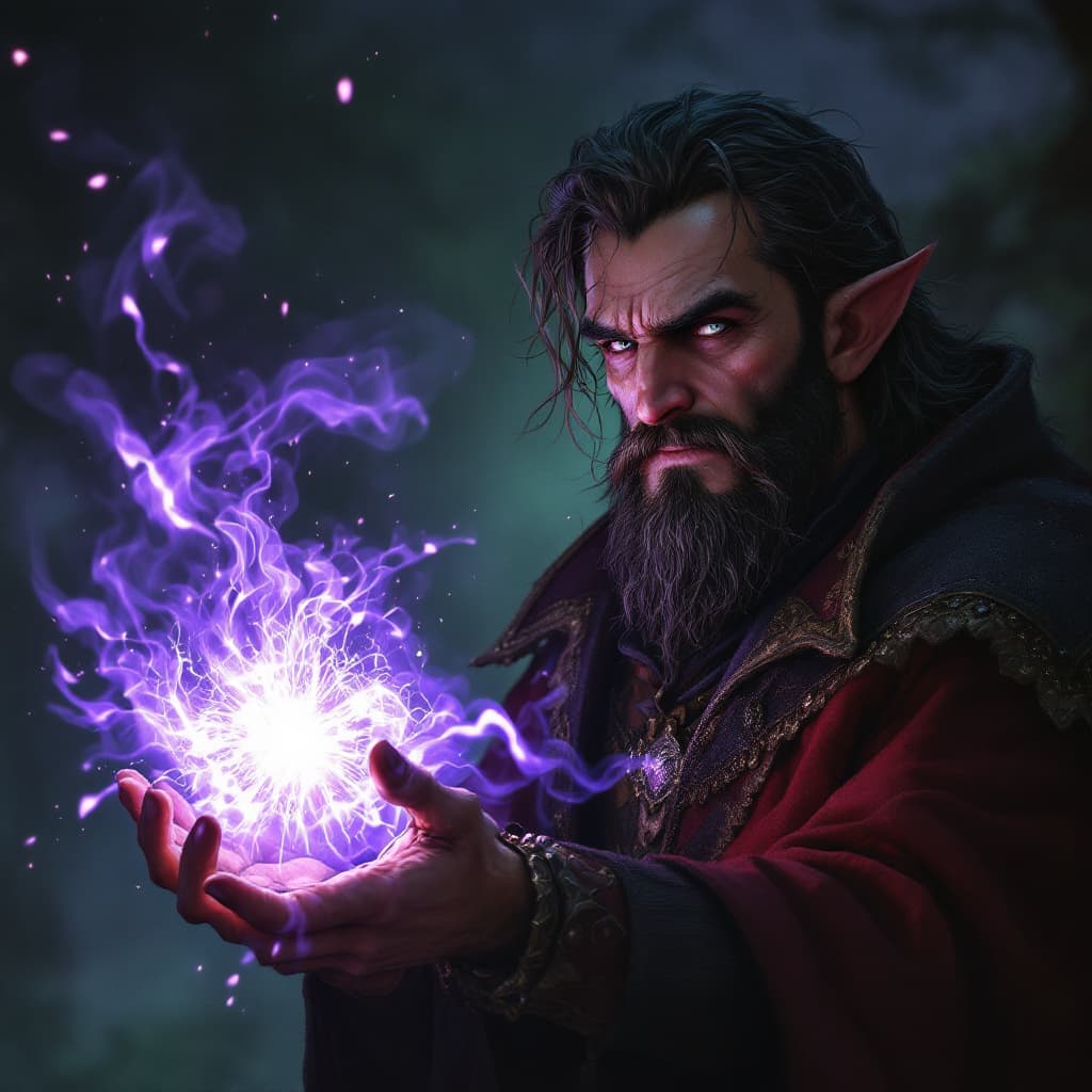 AI generated: Character from a fantasy novel.  Conflicted 30 year old magician. knows he can conjure amazing thing...