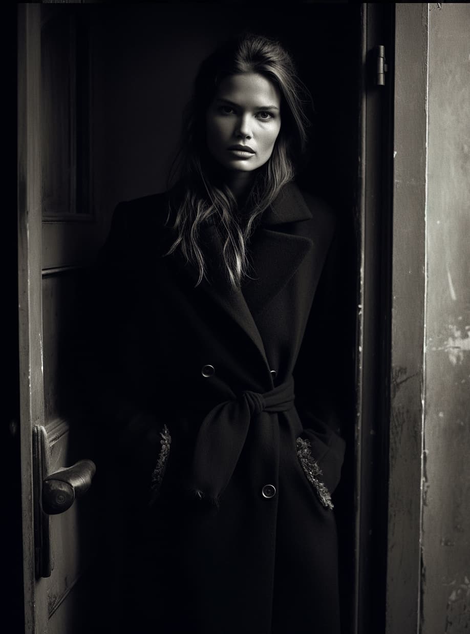 AI generated: fashion editorial photo of a slavic long hair supermodel model in black long coat standing in the do...