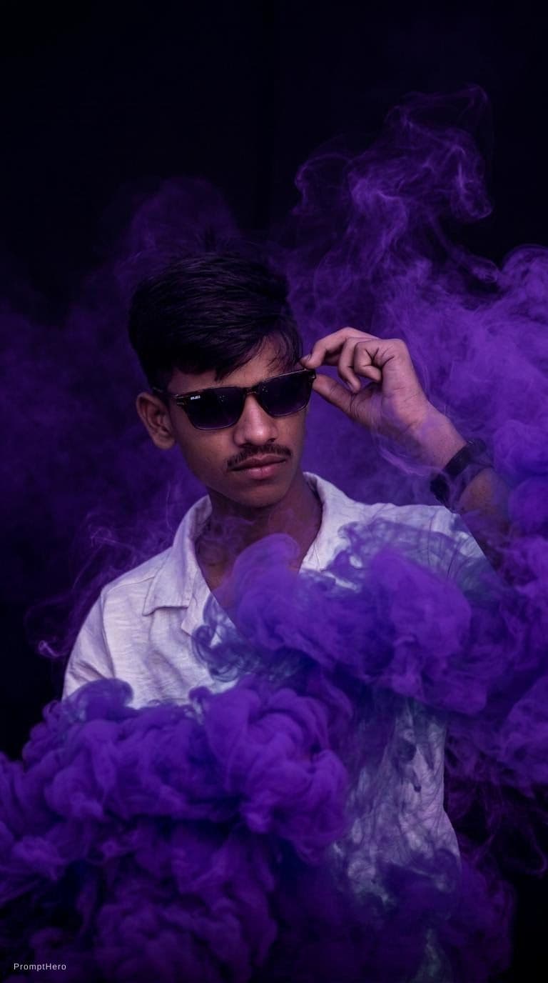 AI generated: photography, unknown gender figure, vibrant deep purple color smoke around head, physical form of ac...