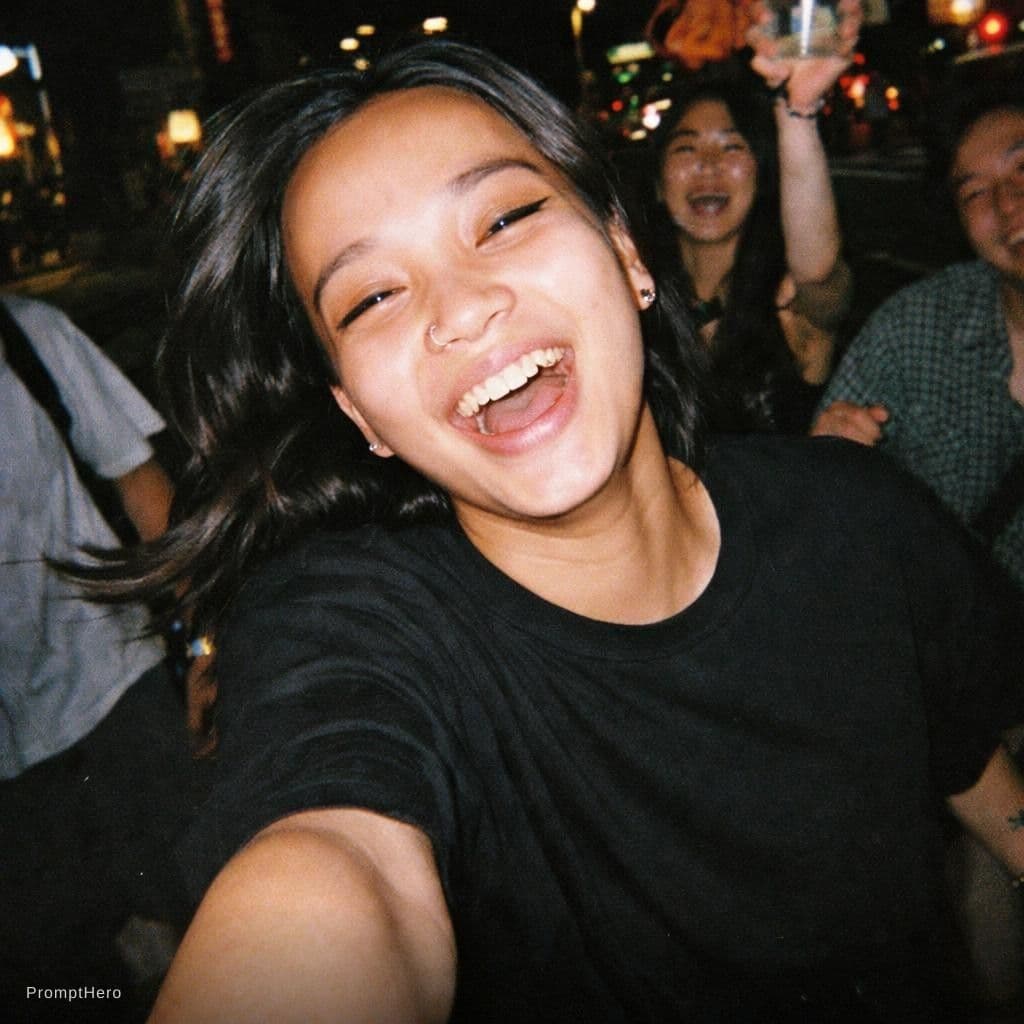 AI generated: photography, snapshot, disposable camera style, young korean girl, wearing a black oversized t-shirt...
