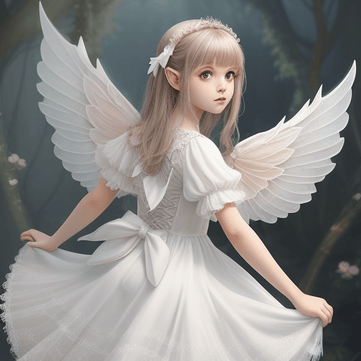AI generated: Young female fairy, large wings, White lacey dress.
