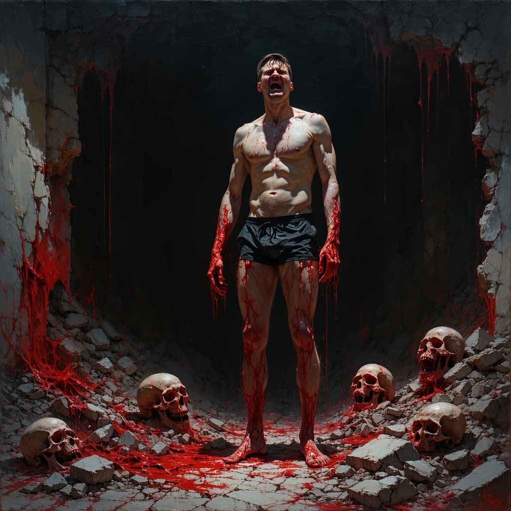 AI generated: Serbian President Aleksandar Vučić sporing a Speedo in hell, red atmosphere, the background is a hau...