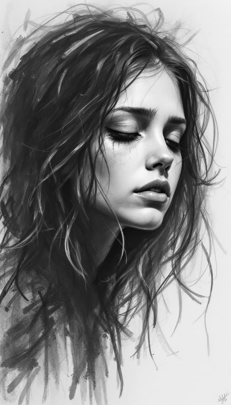 AI generated: girl, charcoal sketch, sad, depressing