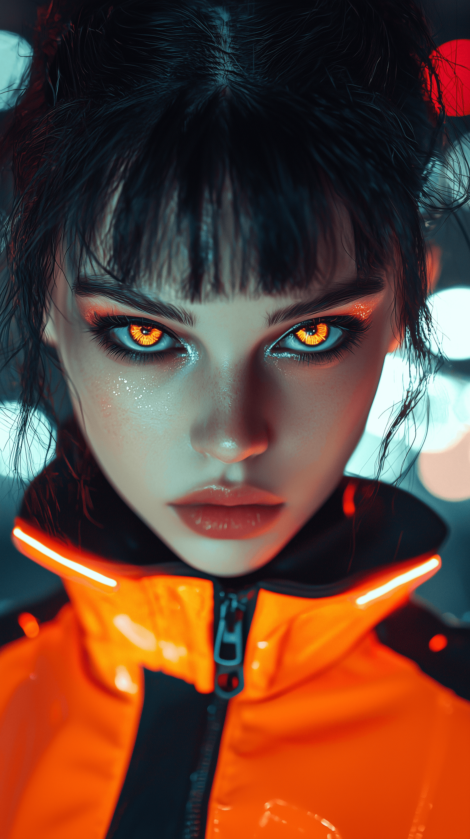 AI generated: portrait model with neon-colored eye makeup, focusing on intense black eyeshadow, glowing orange col...