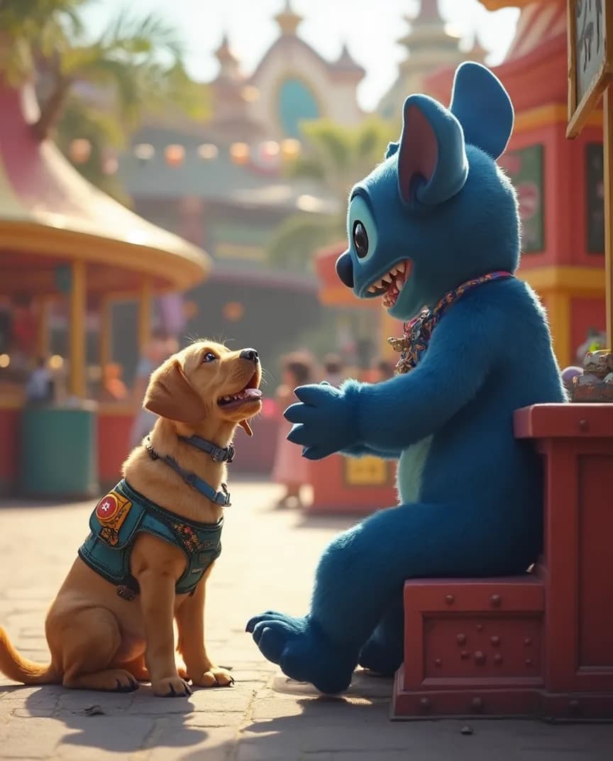 AI generated:  At a theme-park, photorealistic portrait of an excited, adorable Labrador service-dog, meeting his ...