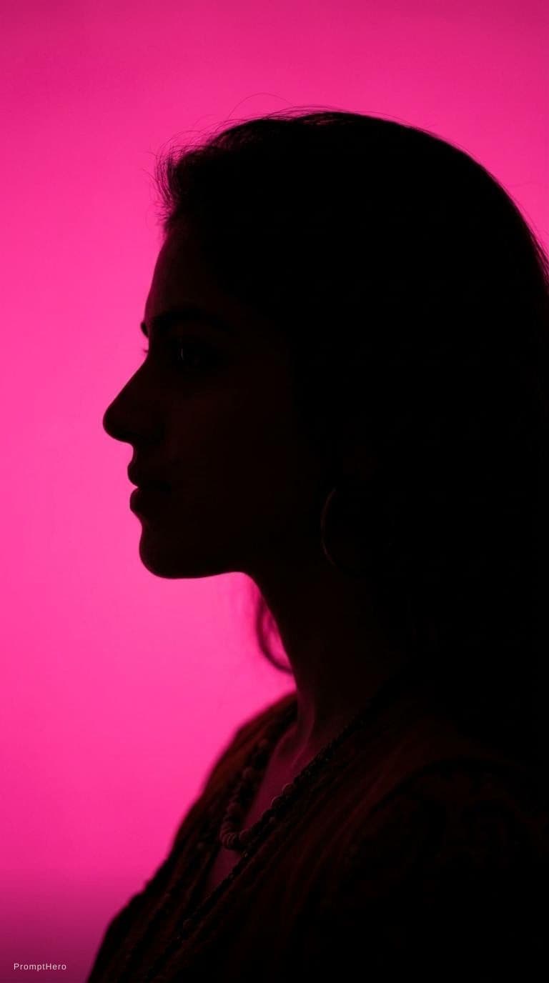 AI generated: photography, portrait of contrast, profile silhouette of a woman, vibrant hot pink backdrop, visuali...