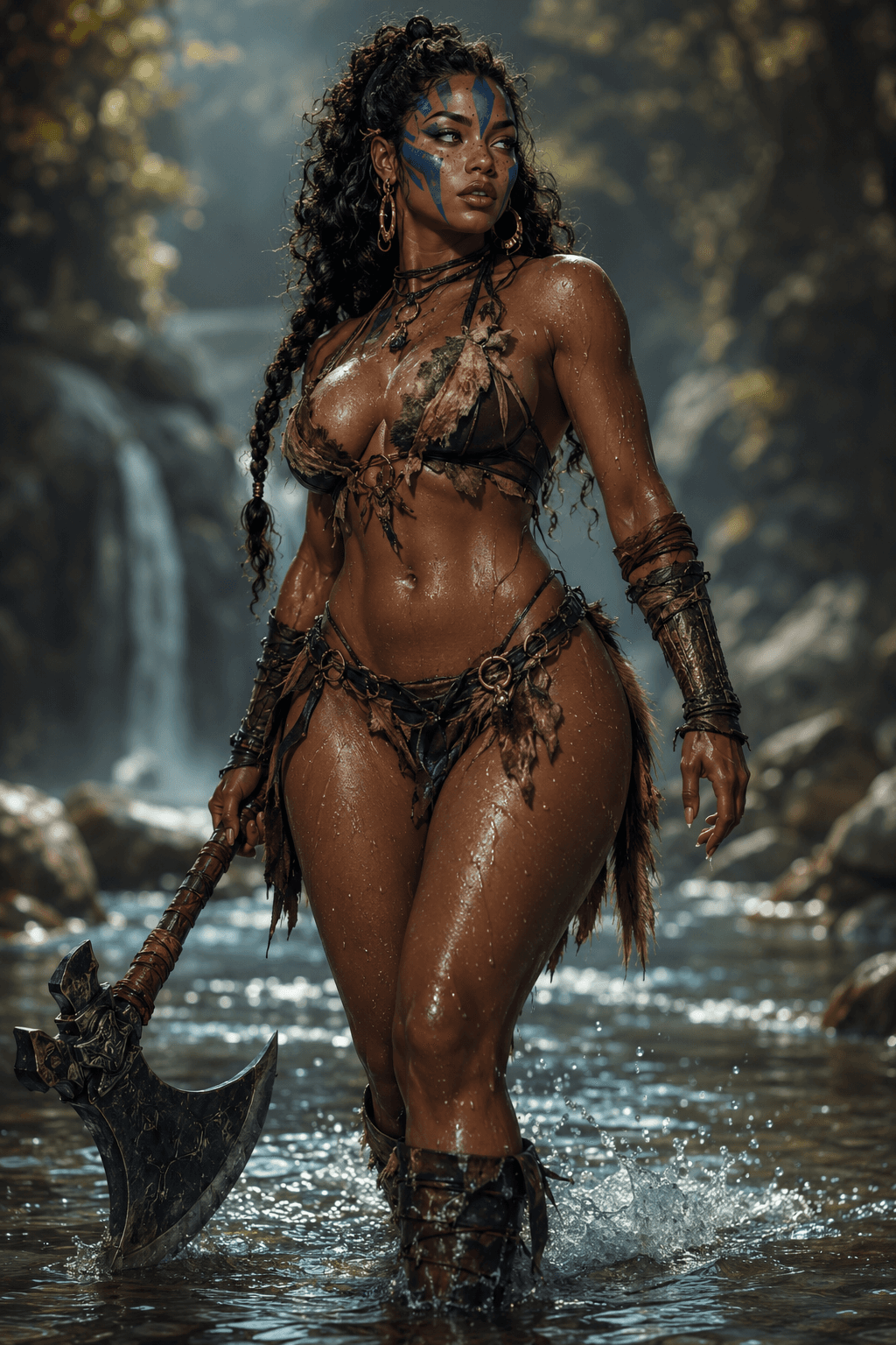AI generated: Full body shot of a beautiful female barbarian warrior wearing blue face paint and loincloth, holdin...