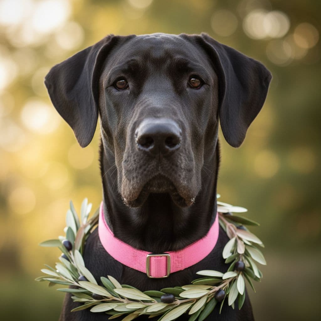 AI generated: young black Great Dane dog,
pink collar,
face only,
olive branches below only
