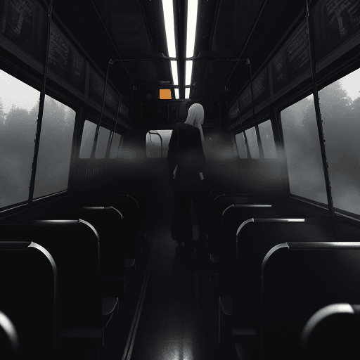 AI generated: spectral bus driver inside the glossy black school bus from behind, foggy, death<lora:xl_more_art-fu...