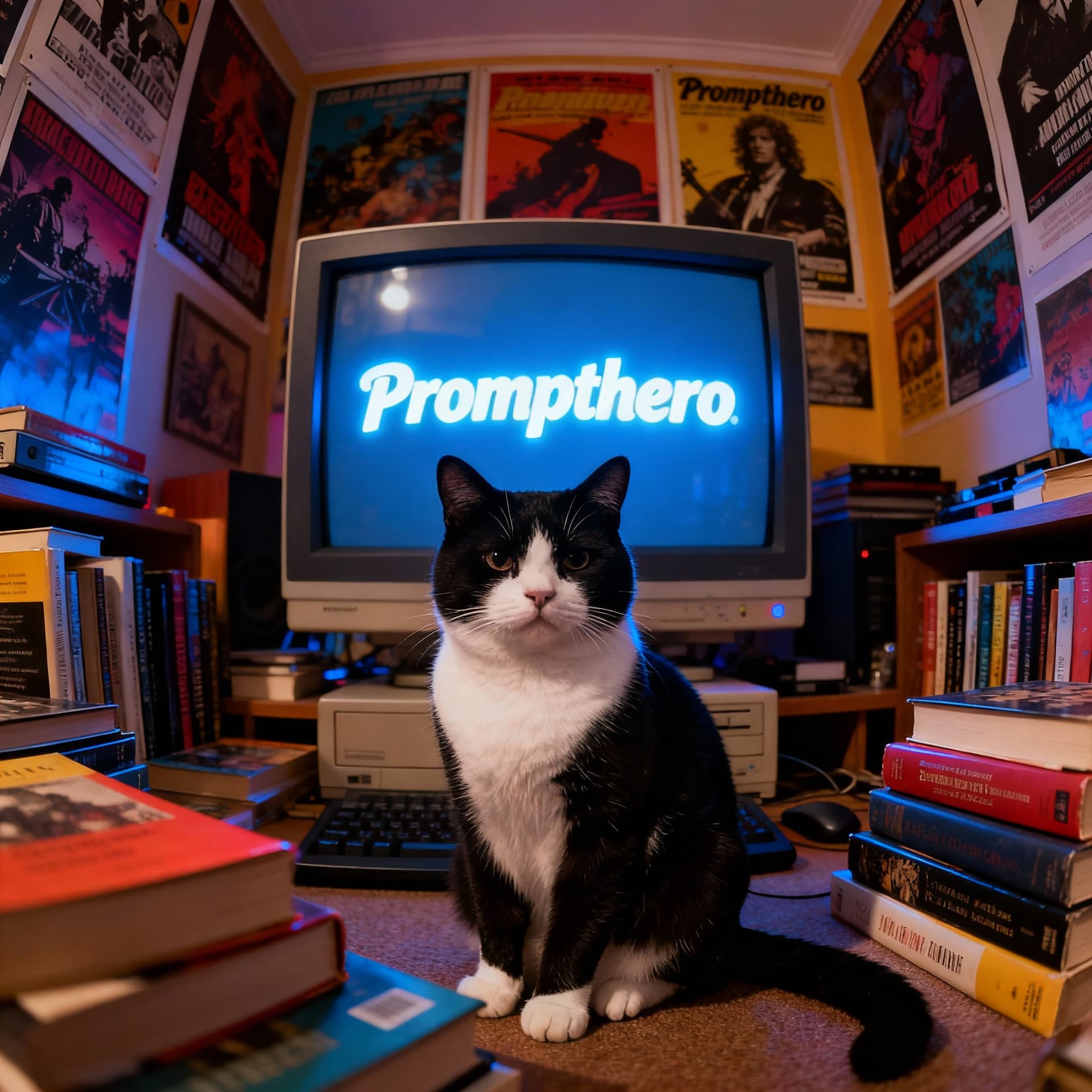AI generated: a black and white cat with a round face and calm expression, sitting in front of a computer screen, ...