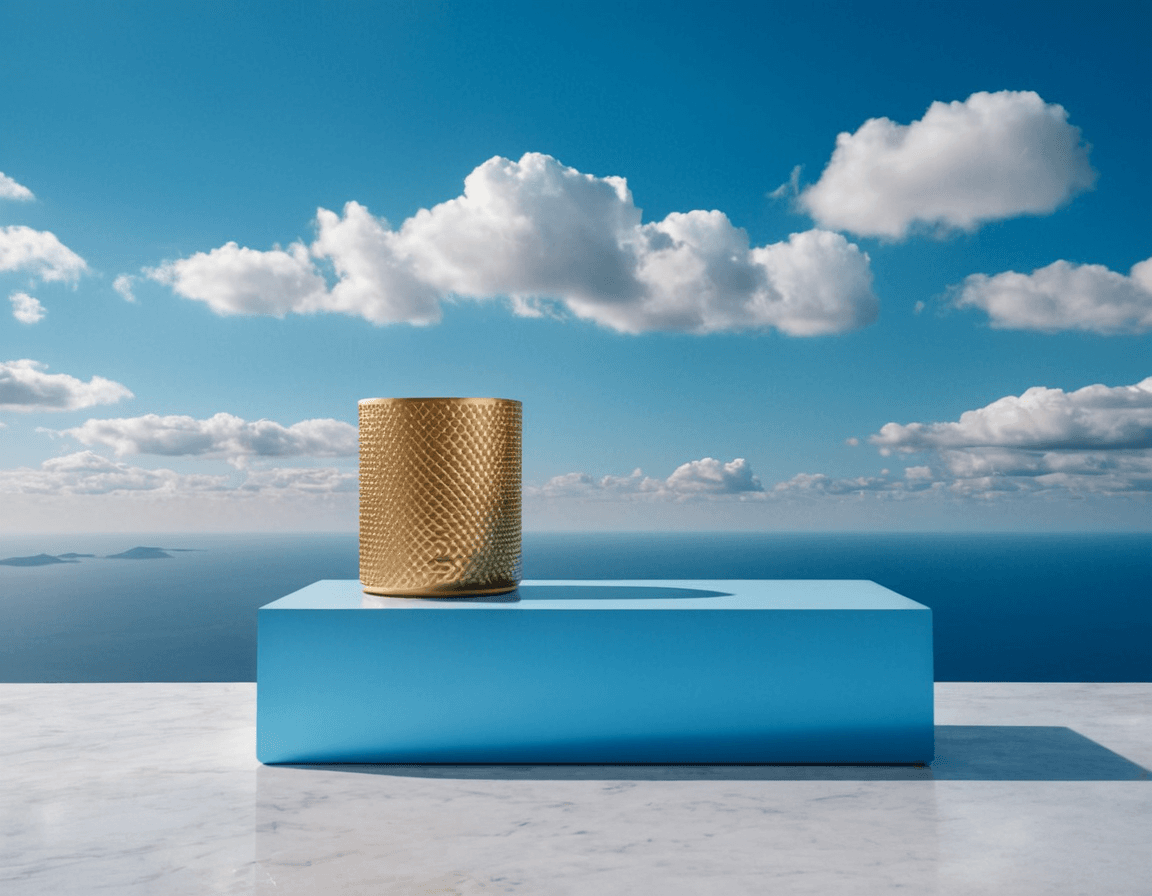 AI generated: Product photography, beautiful blue podium for product, super detalised and fashion, with puffy clou...
