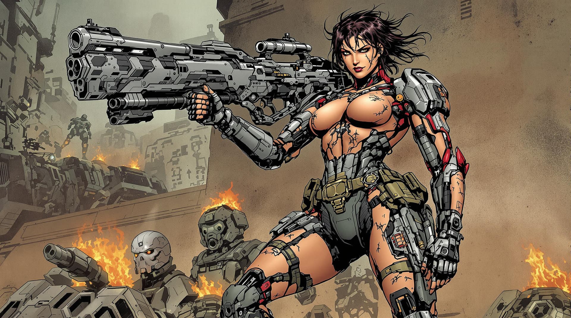 AI generated: ((comic novel)), woman, solider, standing, ((cybertronic right arm and left leg)),  ((real right leg...