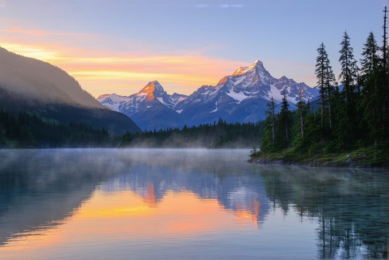 AI generated: "A breathtaking high-resolution digital artwork depicting a serene mountain landscape during sunrise...