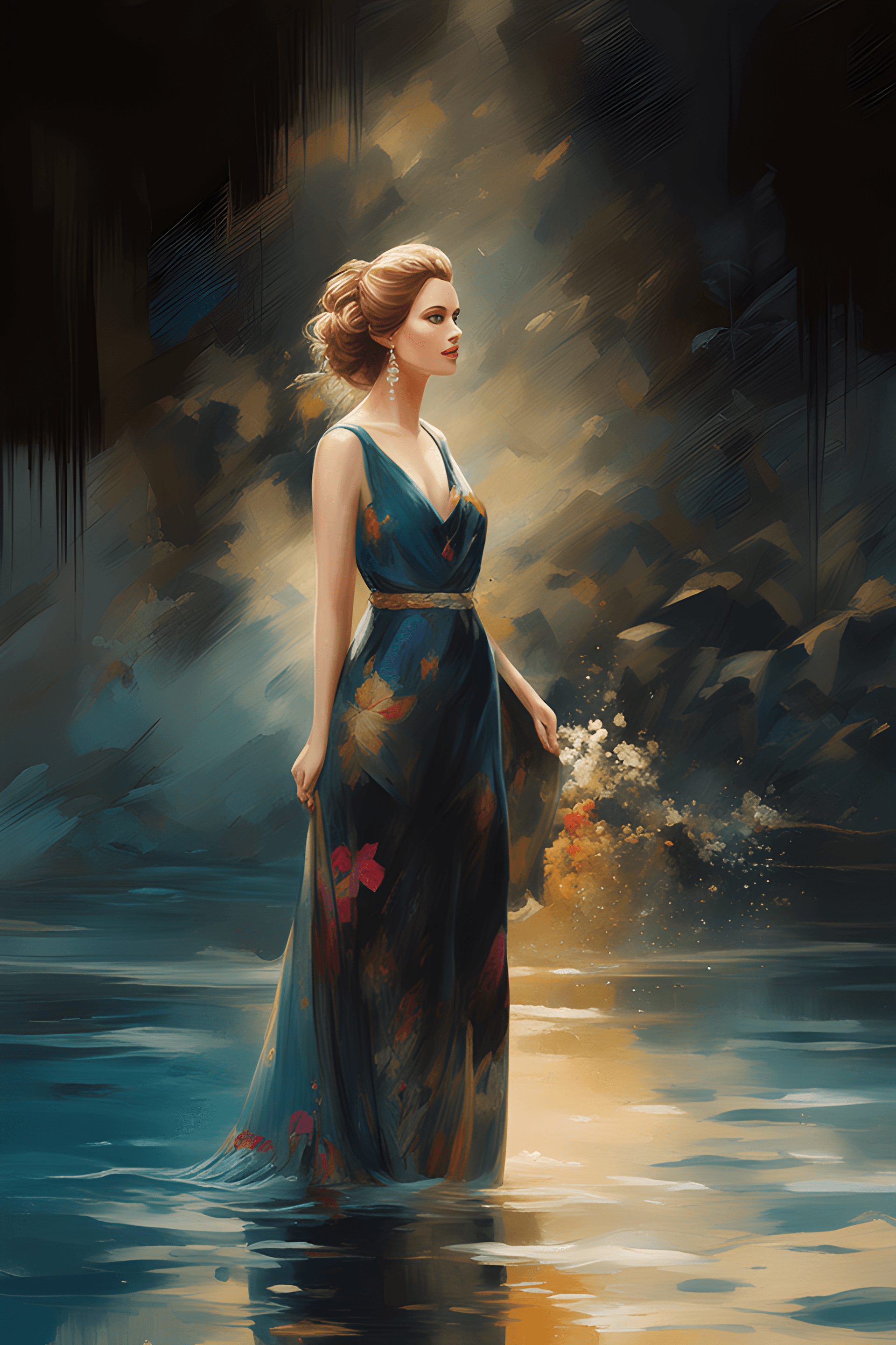 AI generated: a painting of a woman in a dress standing in the water, painting of beautiful, beautiful painting, e...