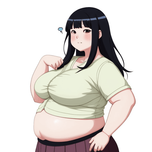 AI generated: Korean Anime girl with fat body, huge belly hanging out, fatter triple chin face, drawn in mappa art...