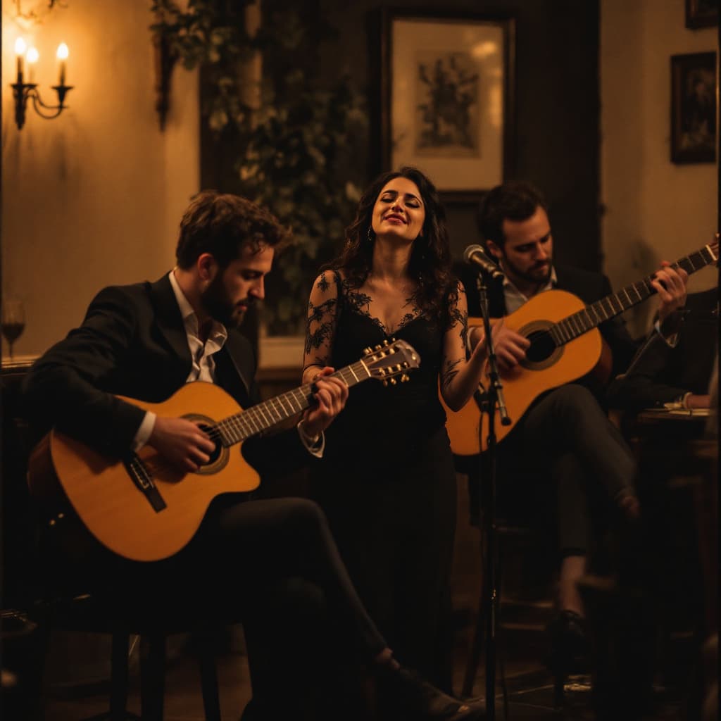 AI generated: A fado dinner in Lisbon with a group of people for a company retreat. A fado singer is performing wi...