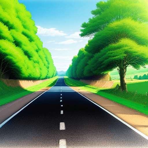 AI generated: empty road as seen by a car driver. Bright sunny day in the countryside.

