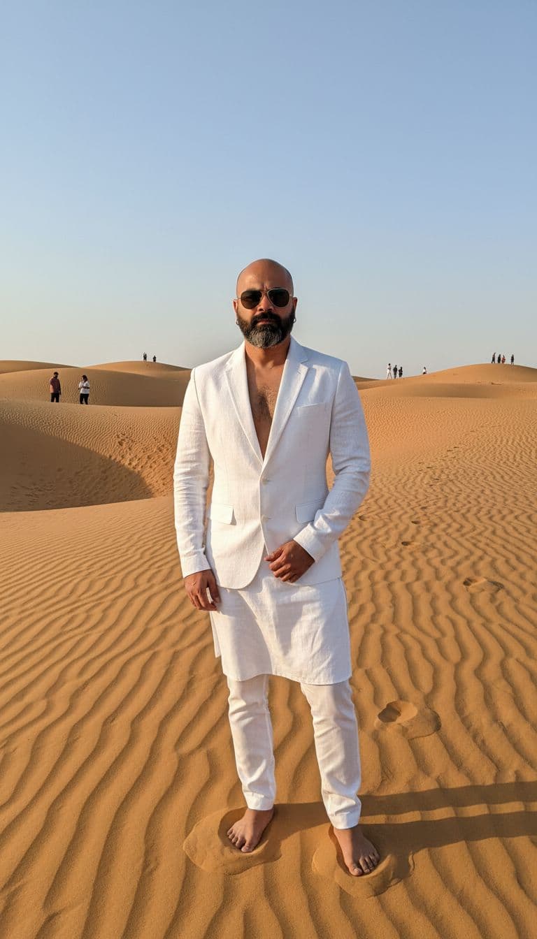 AI generated: A stylish young man with a lean, toned physique (around 57 kg, 5'6" tall) — his beard remains unchan...