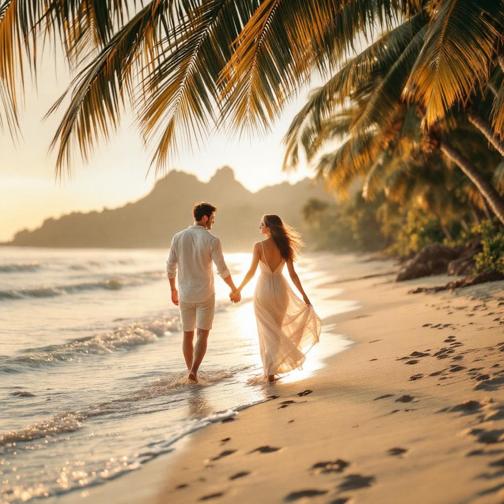 AI generated: imagine prompt: a romantic couple walking hand-in-hand along the shoreline of a tropical beach durin...