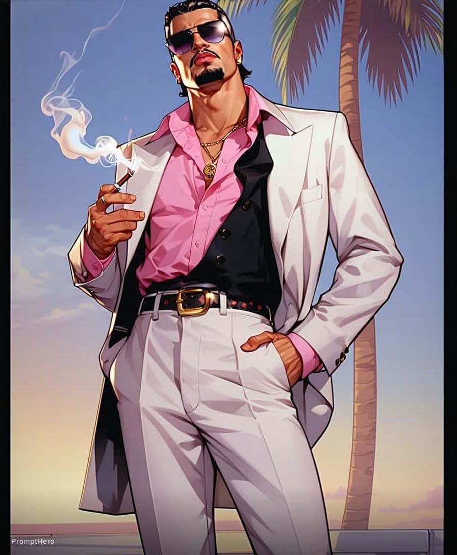 AI generated: Full-body illustration of Al Pacino in a stylized 1980s Miami setting. He's wearing a pink wide-coll...
