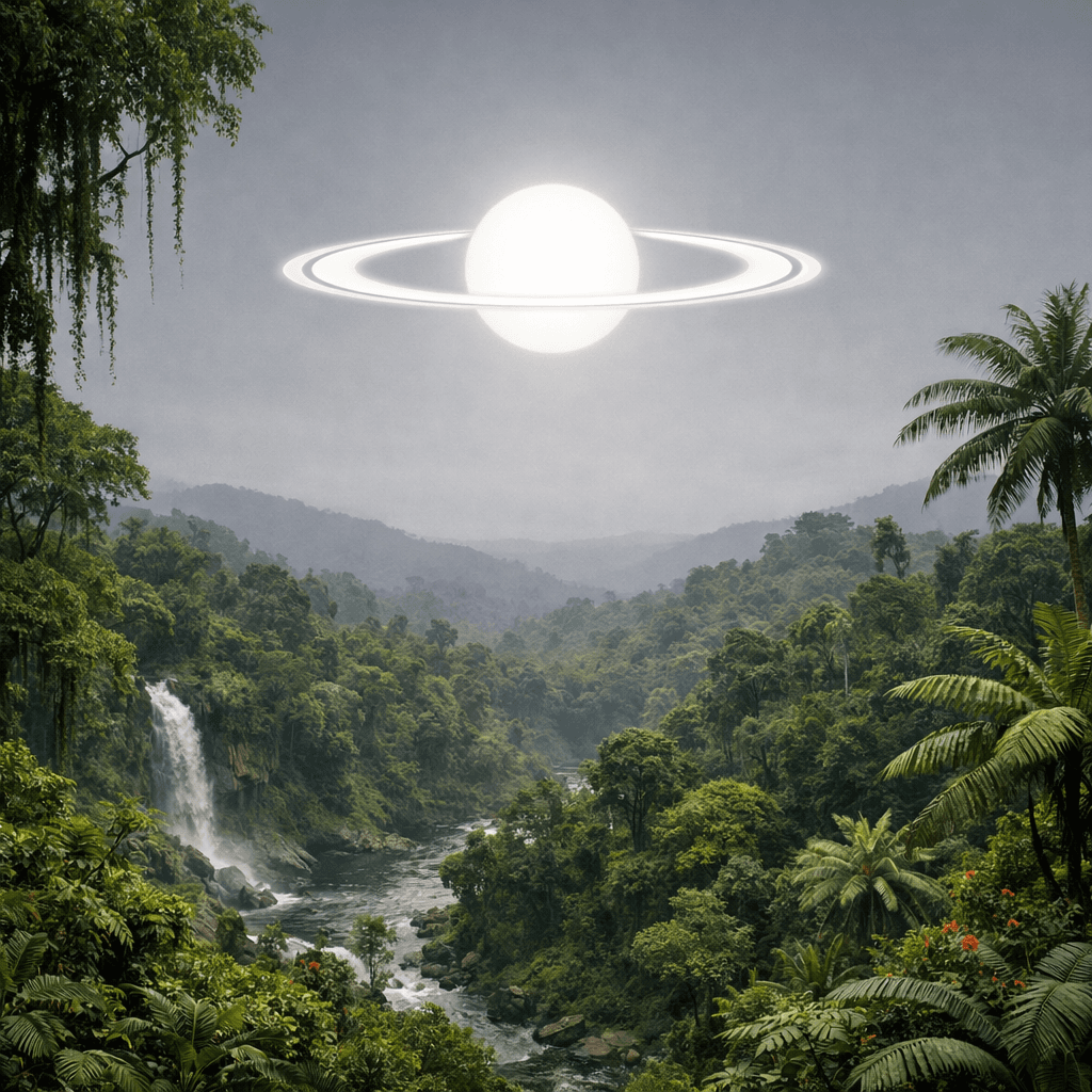 AI generated: a scenic landscape of a lush rainforest but the sky has a more grey color with no clouds and the sun...