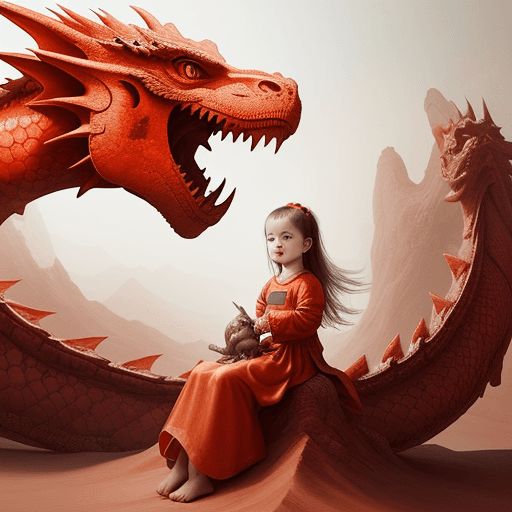 AI generated: A baby girl in red sitting in front of a large Chinese dragon, in the style of digital painting, des...