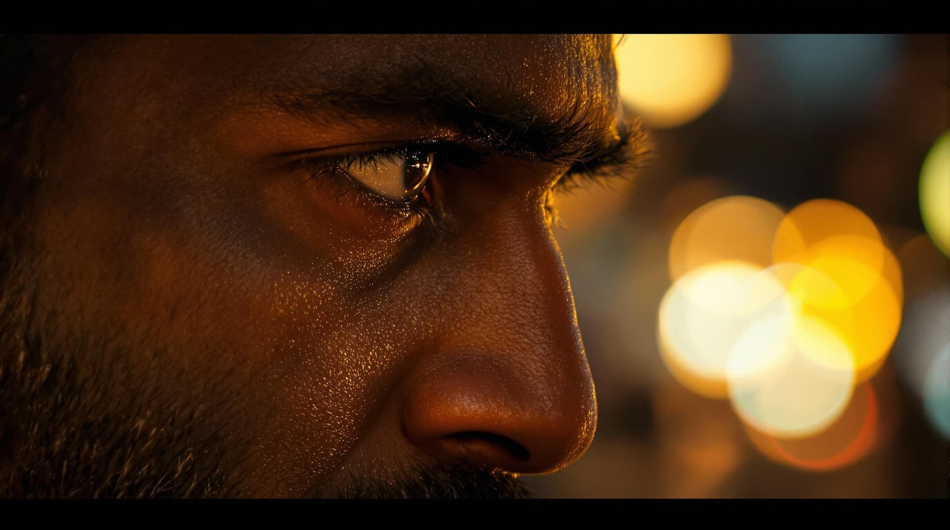 AI generated: (Cinematic UHD, close-up of Indian man’s face, deep in thought, eyes reflecting city lights, melanch...