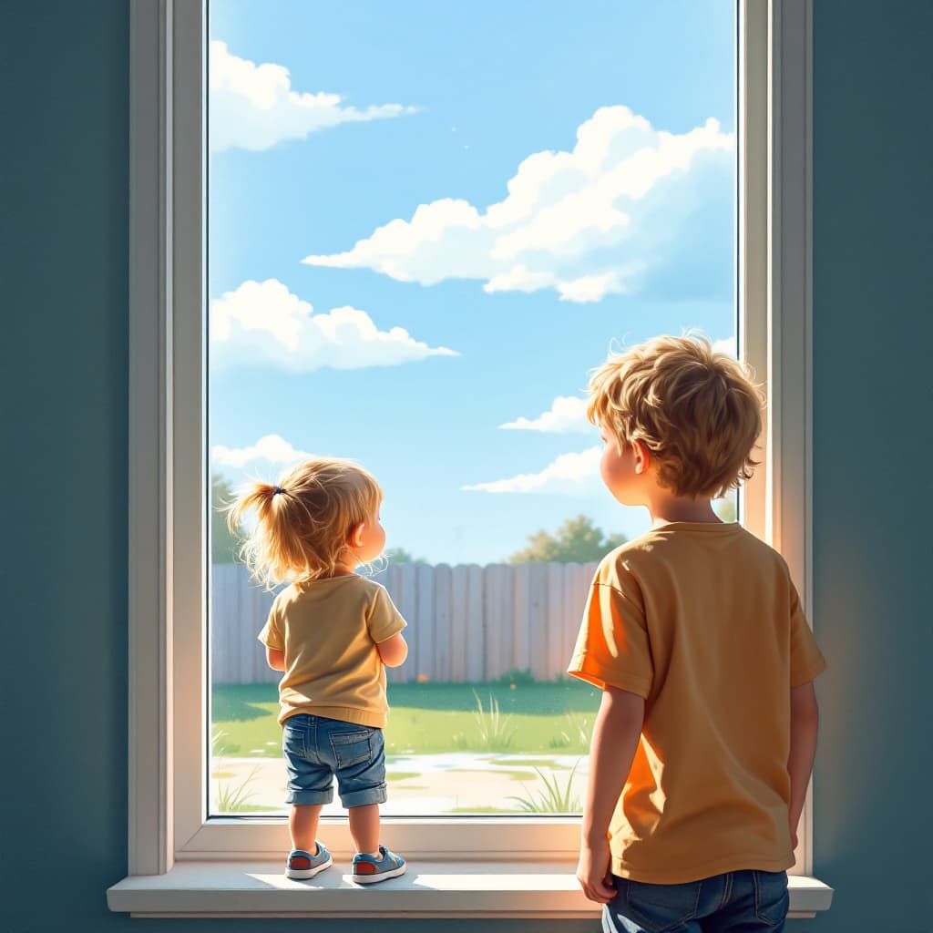 AI generated: A little boy and girl looking out the window at the clearing sky, ready to head outside, backyard fu...