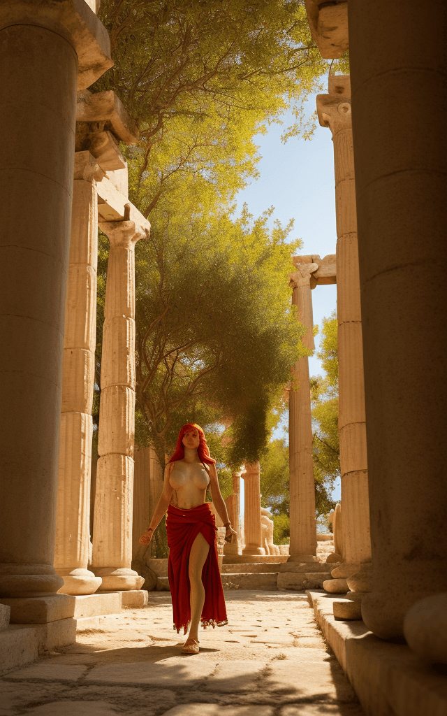 AI generated: red haired Aphrodite walking through temple grounds in typical greek outfit, gossamer, soft sunshine...